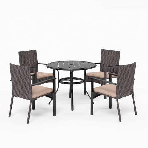 MFSTUDIO 5-Piece Round Table & Rattan Cushion Dining Chairs Outdoor Patio Dining Set