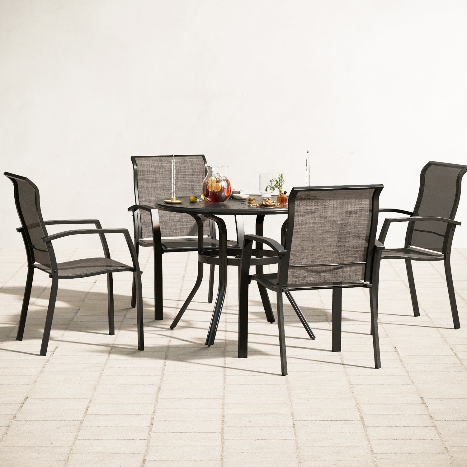 MFSTUDIO 5-Piece Steel Round Table & Simple Aluminum Textilene Fixed Chairs Patio Dining Set