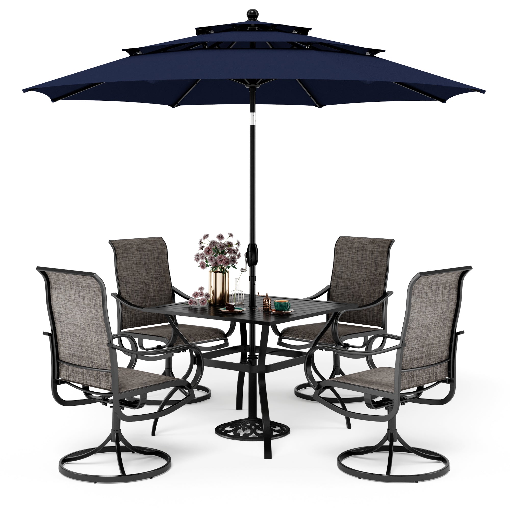 PHI VILLA 6-Piece Patio Dining Set with an Umbrella Steel Square Table & Textilene Swivel Chairs
