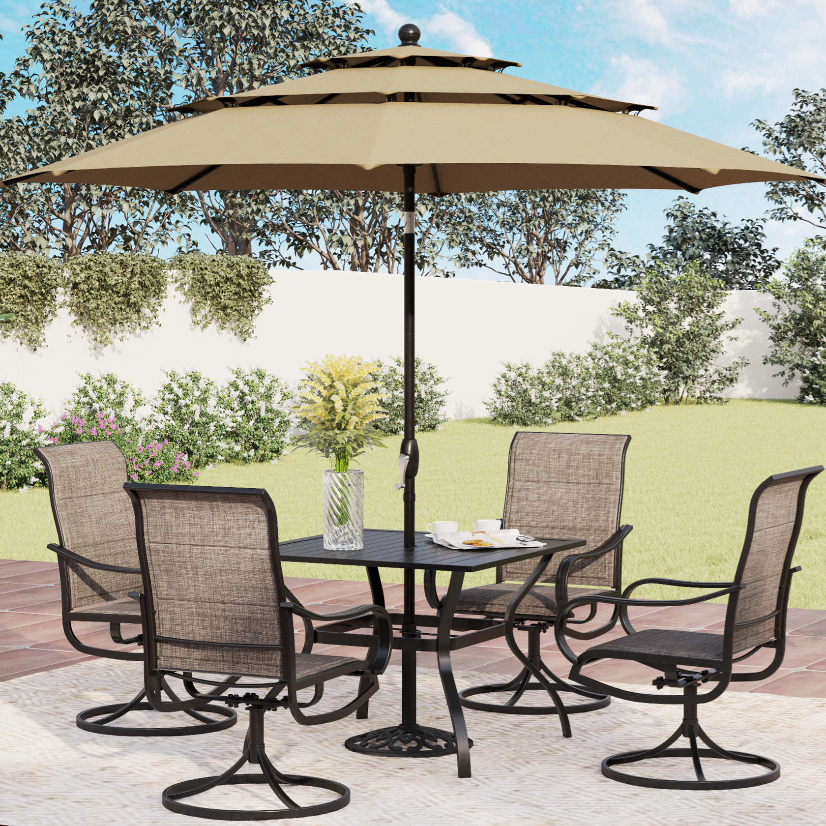 PHI VILLA 6-Piece Patio Dining Set with an Umbrella Steel Square Table & Textilene Swivel Chairs