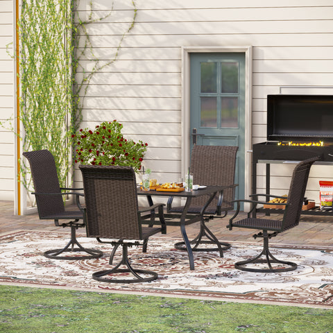 PHI VILLA 5-Piece Outdoor Dining Set of Steel Square Table & 4 Rattan Swivel Chairs