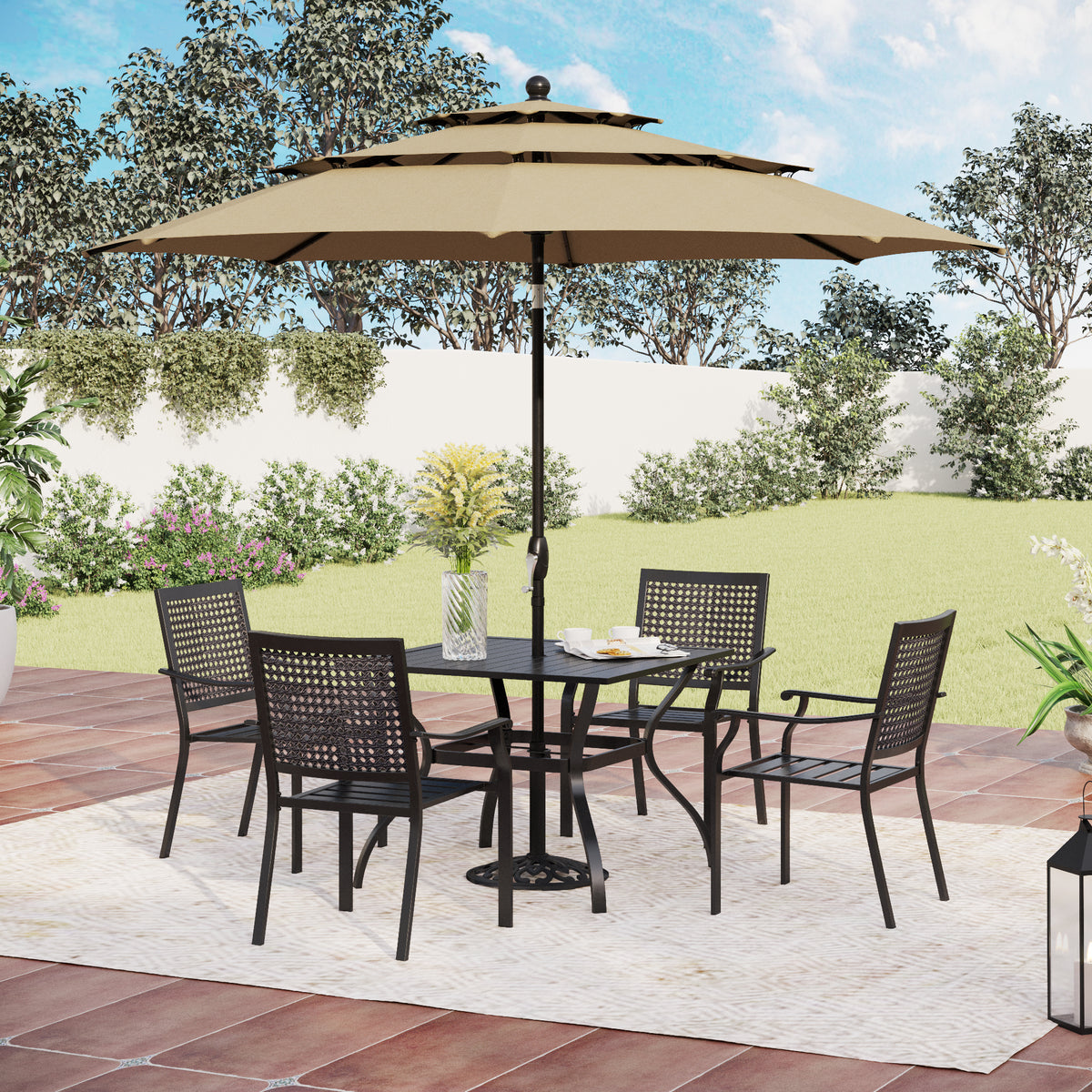 MFSTUDIO 6-Piece Outdoor Dining Set with Umbrella Steel Square Table & Bull's Eye Pattern Dining Chairs