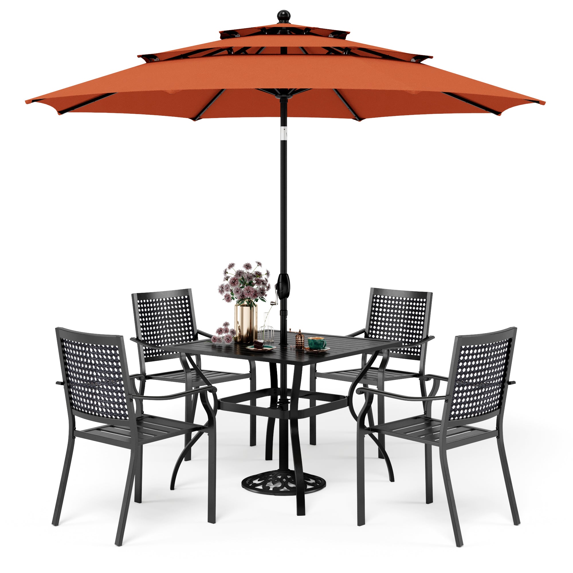 MFSTUDIO 6-Piece Outdoor Dining Set with Umbrella Steel Square Table & Bull's Eye Pattern Dining Chairs