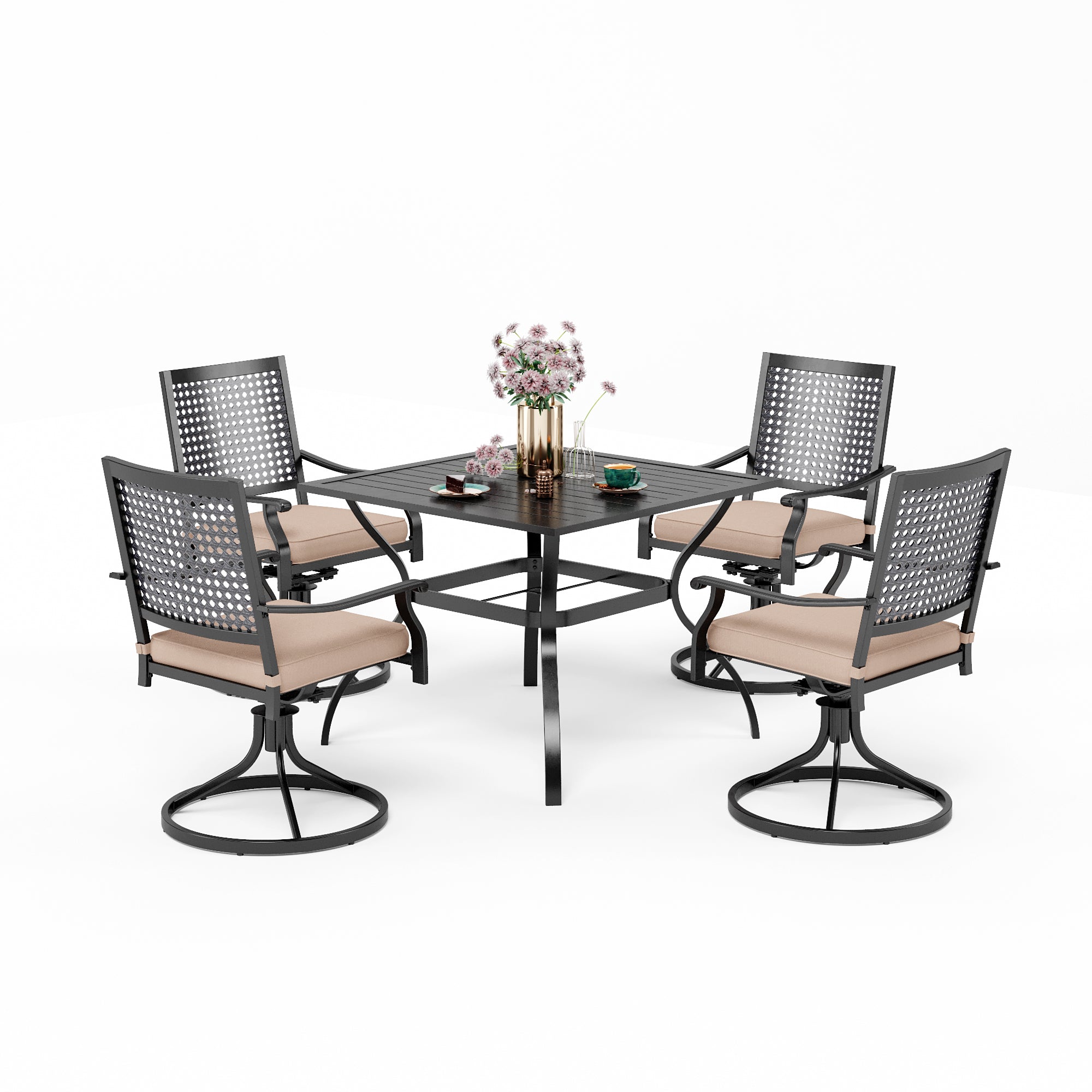 MFSTUDIO 5-Piece Outdoor Dining Set Steel Square Table & Bull's Eye Pattern Dining Chairs