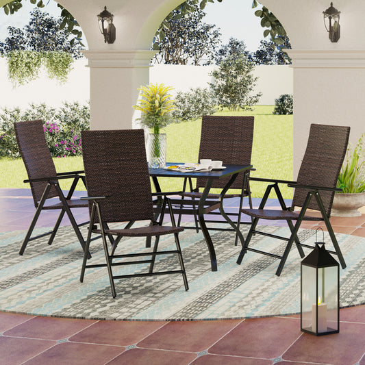 MFSTUDIO 5-Piece Steel Square Table & Rattan Adjustable Reclining Foldable Chairs Outdoor Dining Set