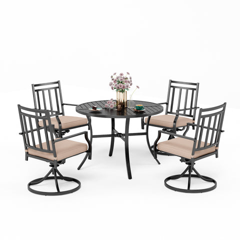 PHI VILLA 5-Piece Geometrically Stamped Round Table & Swivel Dining Chairs Outdoor Dining Set