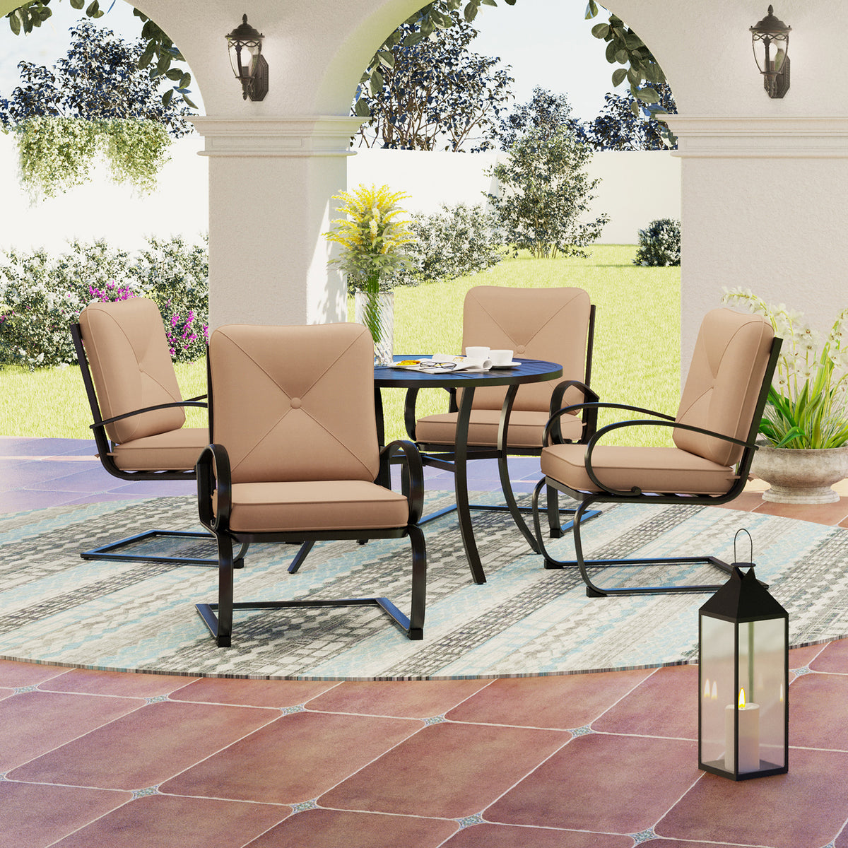 Sophia & William 5-Piece Geometrically Stamped Round Table & C-spring Dining Chairs Outdoor Patio Dining Sets