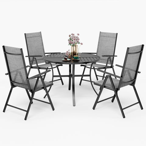 Sophia & William 5-Piece Geometrically Stamped Round Table & Textilene Reclining Folding Sling Chairs Patio Outdoor Dining Set