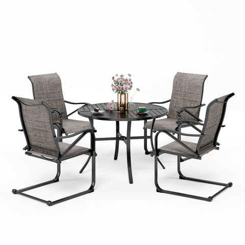 MFSTUDIO 5-Piece Patio Dining Set Textilene C-spring Chairs & Geometrically Stamped Round Table