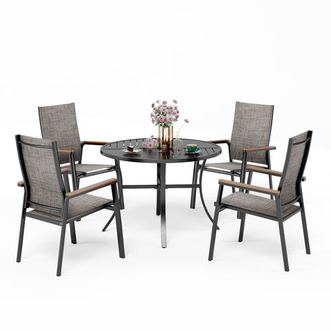 PHI VILLA 5-Piece Patio Dining Set Aluminum Textilene Fixed Chairs & Geometrically Stamped Round Table