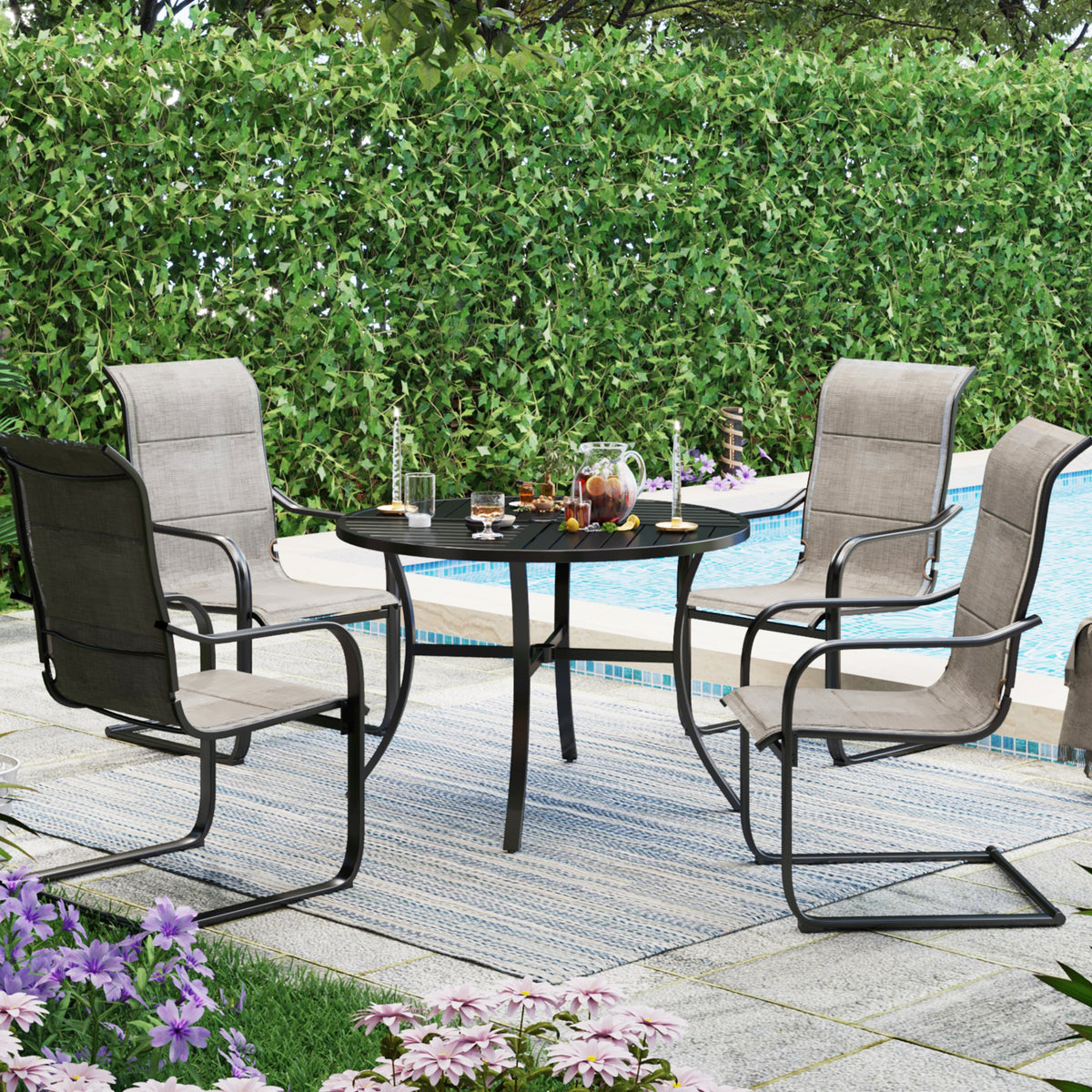 MFSTUDIO 5-Piece Patio Dining Set Textilene C-spring Chairs & Geometrically Stamped Round Table