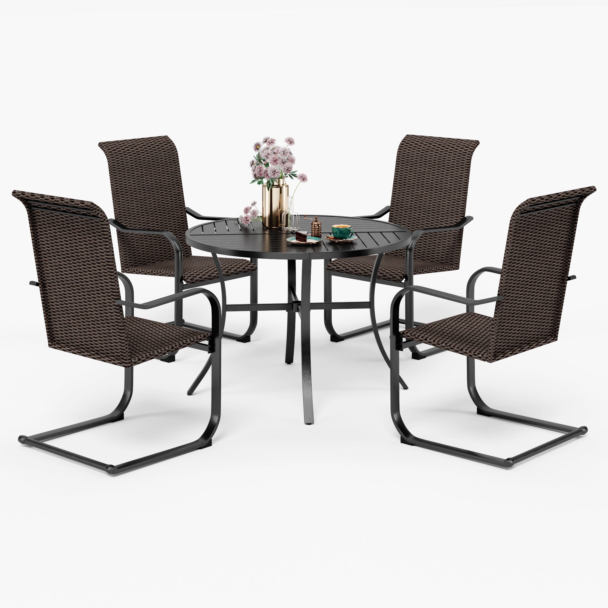 Sophia & William 5-Piece Geometrically Stamped Round Table & Rattan C-spring Chairs Outdoor Dining Set