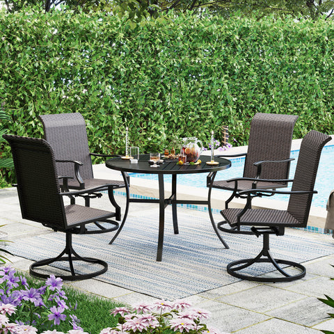 PHI VILLA 5-Piece Geometrically Stamped Round Table & Rattan Swivel Chairs Outdoor Dining Set