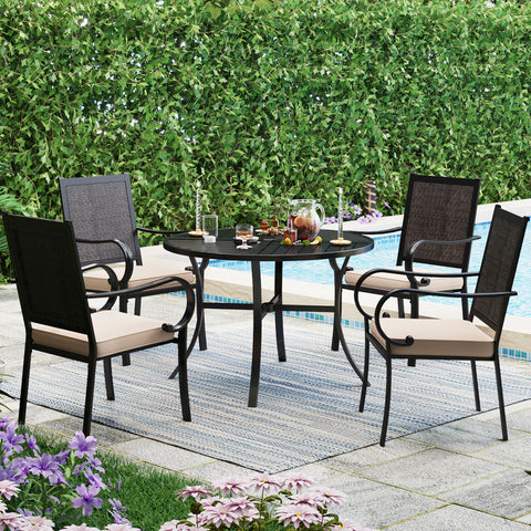 PHI VILLA 5-Piece Geometrically Stamped Round Table & Rattan Dining Chairs Outdoor Dining Set