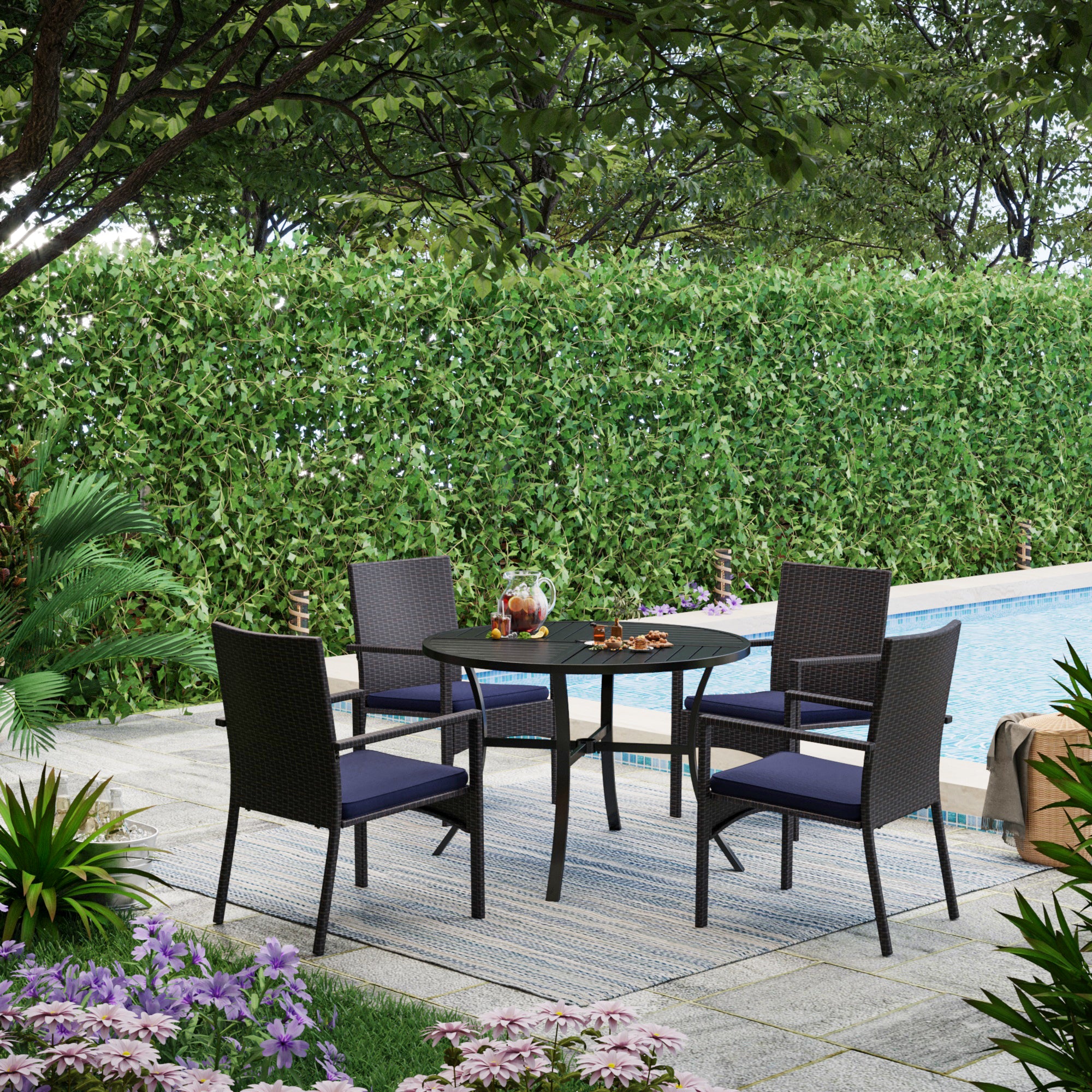 PHI VILLA 5-Piece Geometrically Stamped Round Table & Rattan Cushioned Chairs Outdoor Dining Set