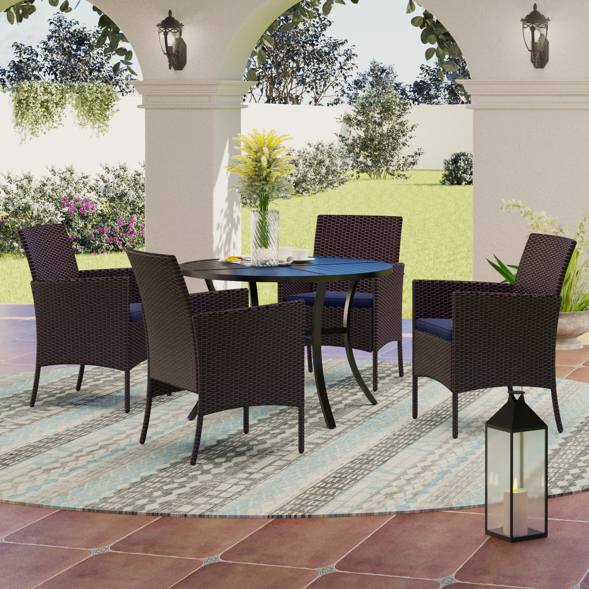 PHI VILLA 5-Piece Geometrically Stamped Round Table & Rattan Cushioned Chairs Outdoor Dining Set