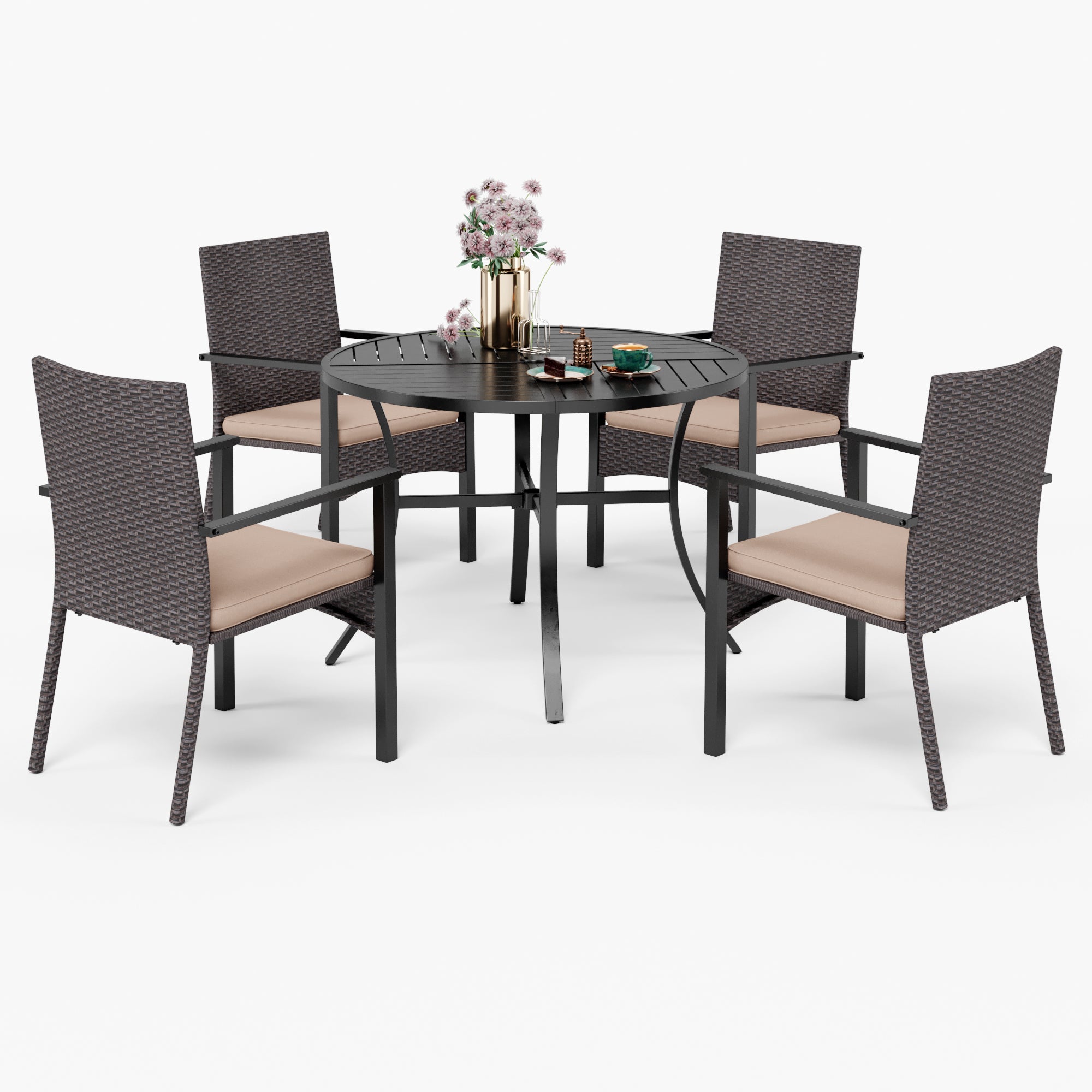 MFSTUDIO 5-Piece Geometrically Stamped Round Table & Rattan Cushion Dining Chairs Outdoor Dining Set