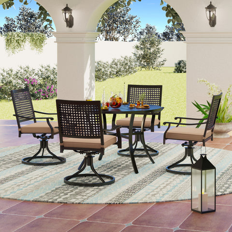 MFSTUDIO 5-Piece Outdoor Dining Set Geometrically Stamped Round Table & Bull's Eye Pattern Dining Chairs