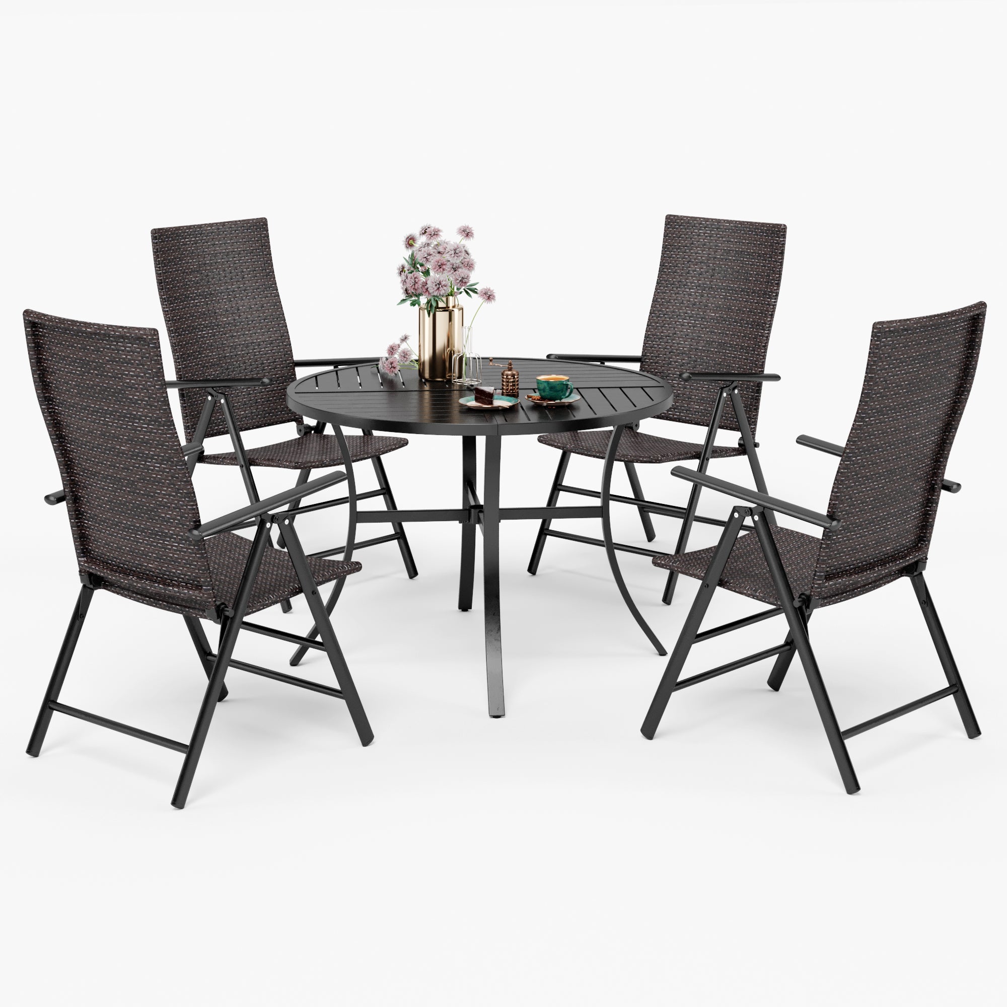 MFSTUDIO 5-Piece Geometrically Stamped Round Table & Rattan Adjustable Reclining Foldable Chairs Outdoor Dining Set