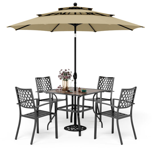 PHI VILLA 6-Piece Outdoor Dining Set with Umbrella Wood-look Table & 4 Patterned Stackable Chairs