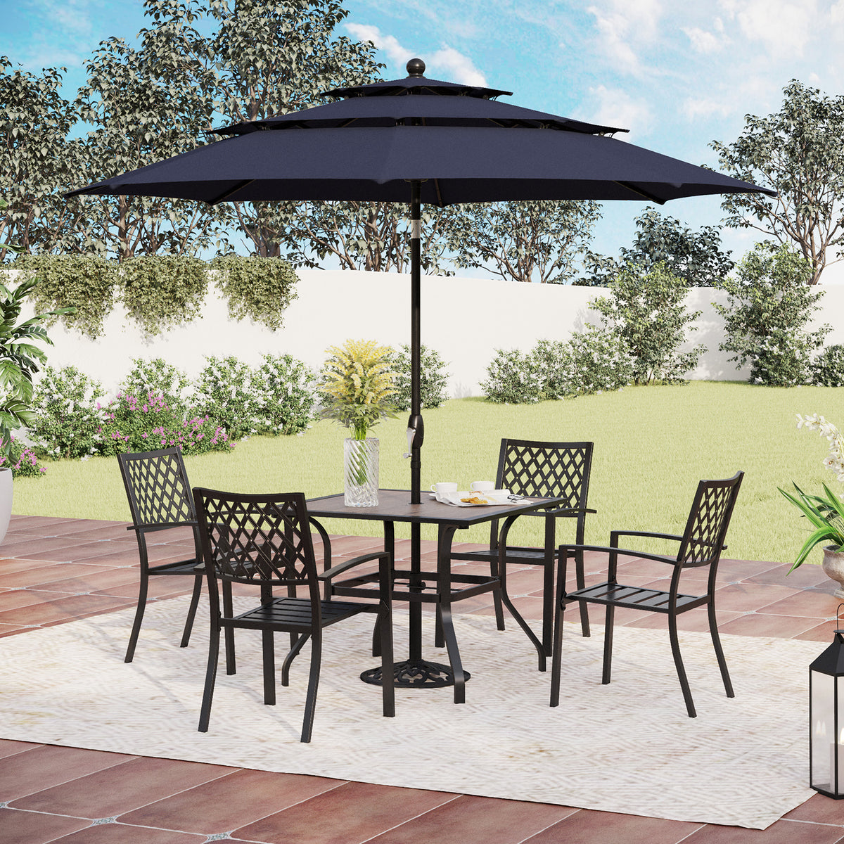 PHI VILLA 6-Piece Outdoor Dining Set with Umbrella Wood-look Table & 4 Patterned Stackable Chairs