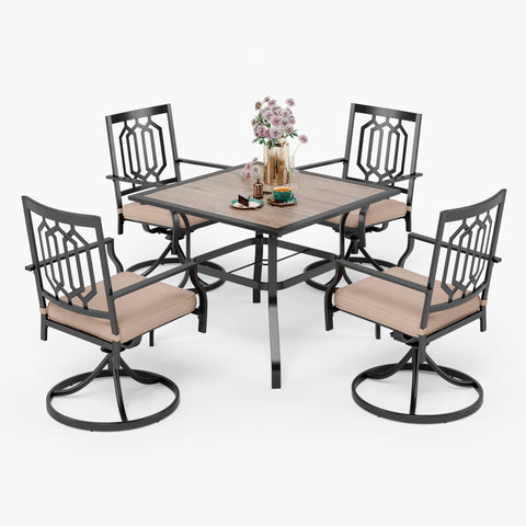 PHI VILLA Wood-look Table and 4 Pattern Swivel Chairs with Cushion 5-Piece Metal Outdoor Patio Dining Set