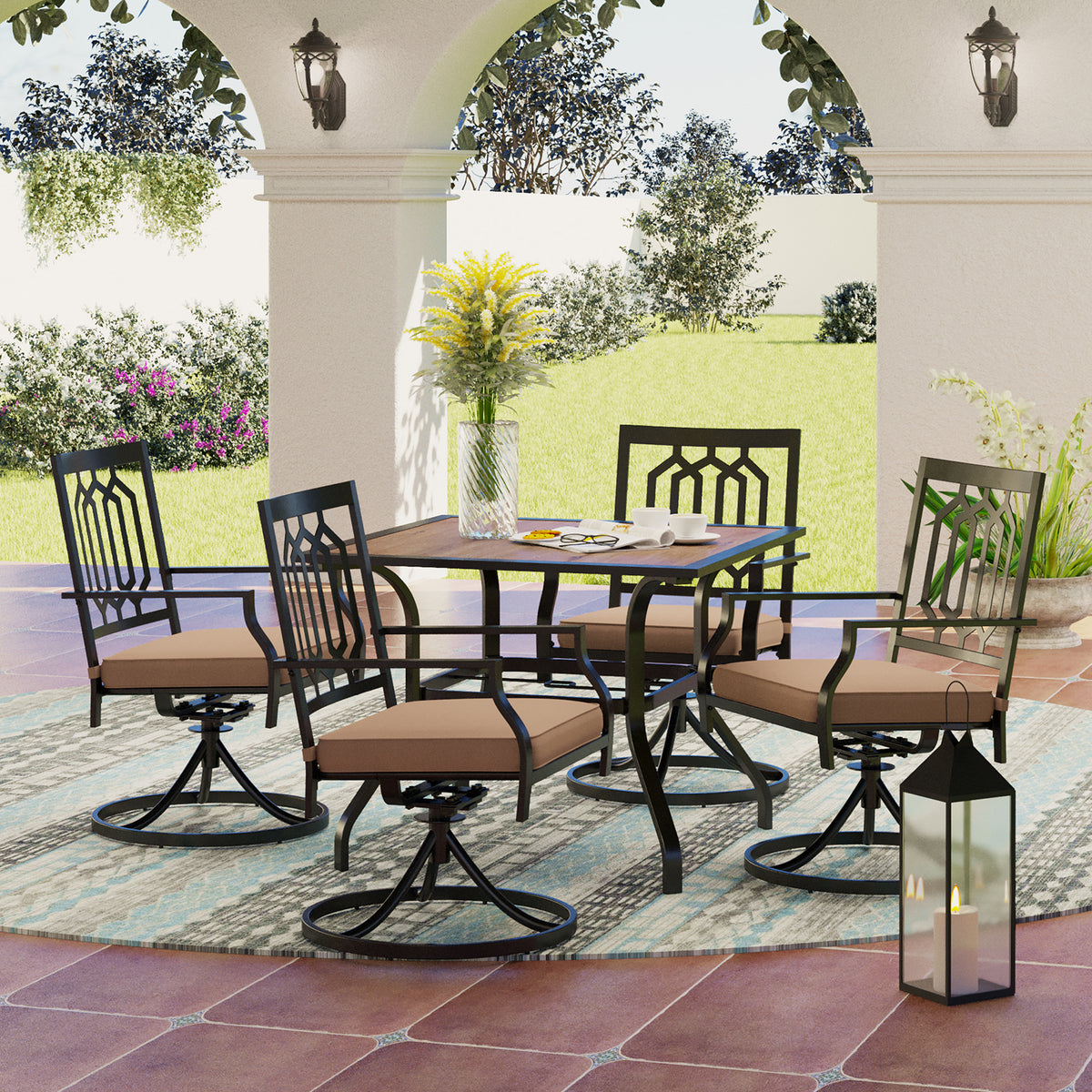 PHI VILLA Wood-look Table and 4 Pattern Swivel Chairs with Cushion 5-Piece Metal Outdoor Patio Dining Set