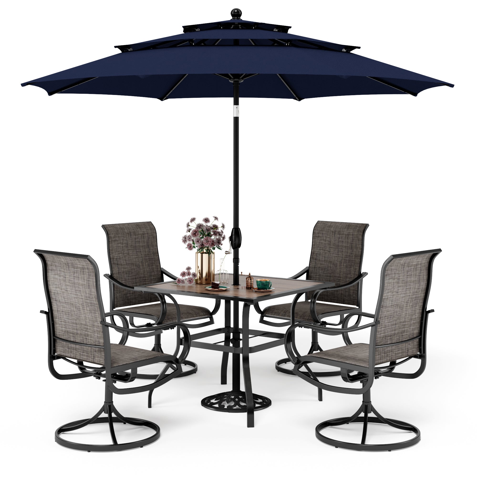 PHI VILLA 6-Piece Patio Dining Set with Umbrella Wood-look Table & Textilene Swivel Chairs