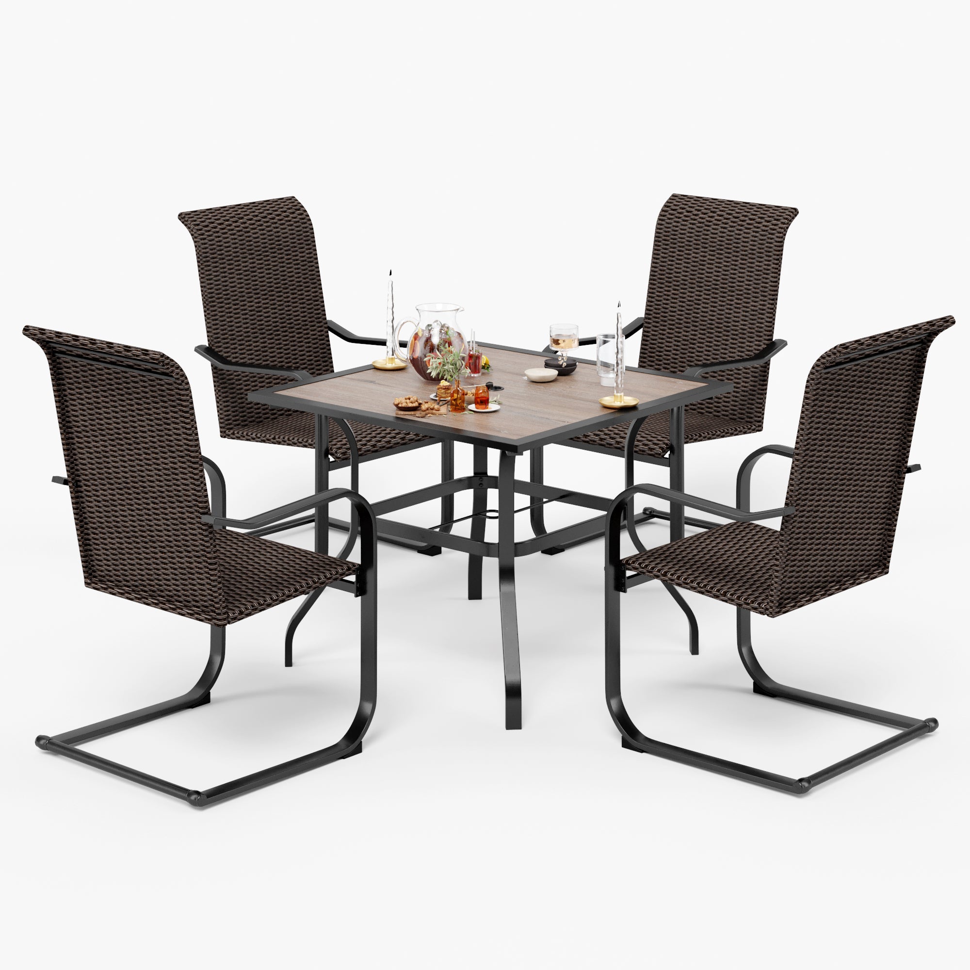 Sophia & William Wood-look Patio Table & 4 Rattan C-spring Chairs Outdoor Dining Set
