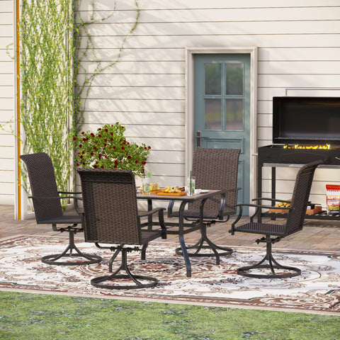 PHI VILLA Wood-Look Square Table & 4 Rattan Swivel Chairs 5-Piece Outdoor Dining Set
