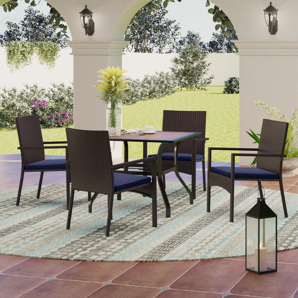 MFSTUDIO Wood-Look PVC Table and 4 Rattan Chairs with Cushions 5-Piece Patio Dining Set