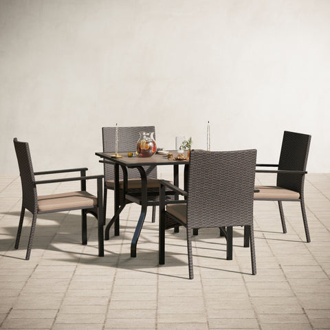 MFSTUDIO 5-Piece Wood-look Square Table & 4 Rattan Cushion Chairs Outdoor Patio Dining Set