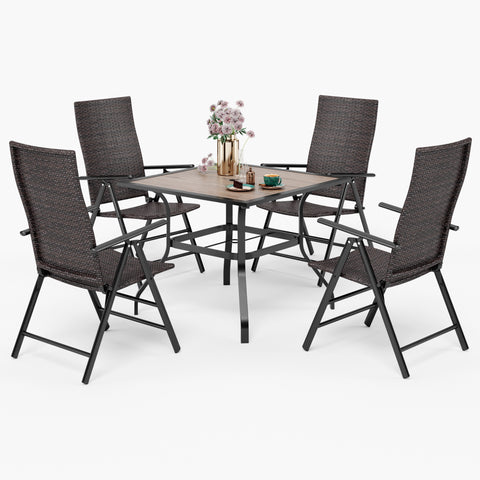 MFSTUDIO 5-Piece Wood-look Square Table & Rattan Adjustable Reclining Foldable Chairs Outdoor Dining Set