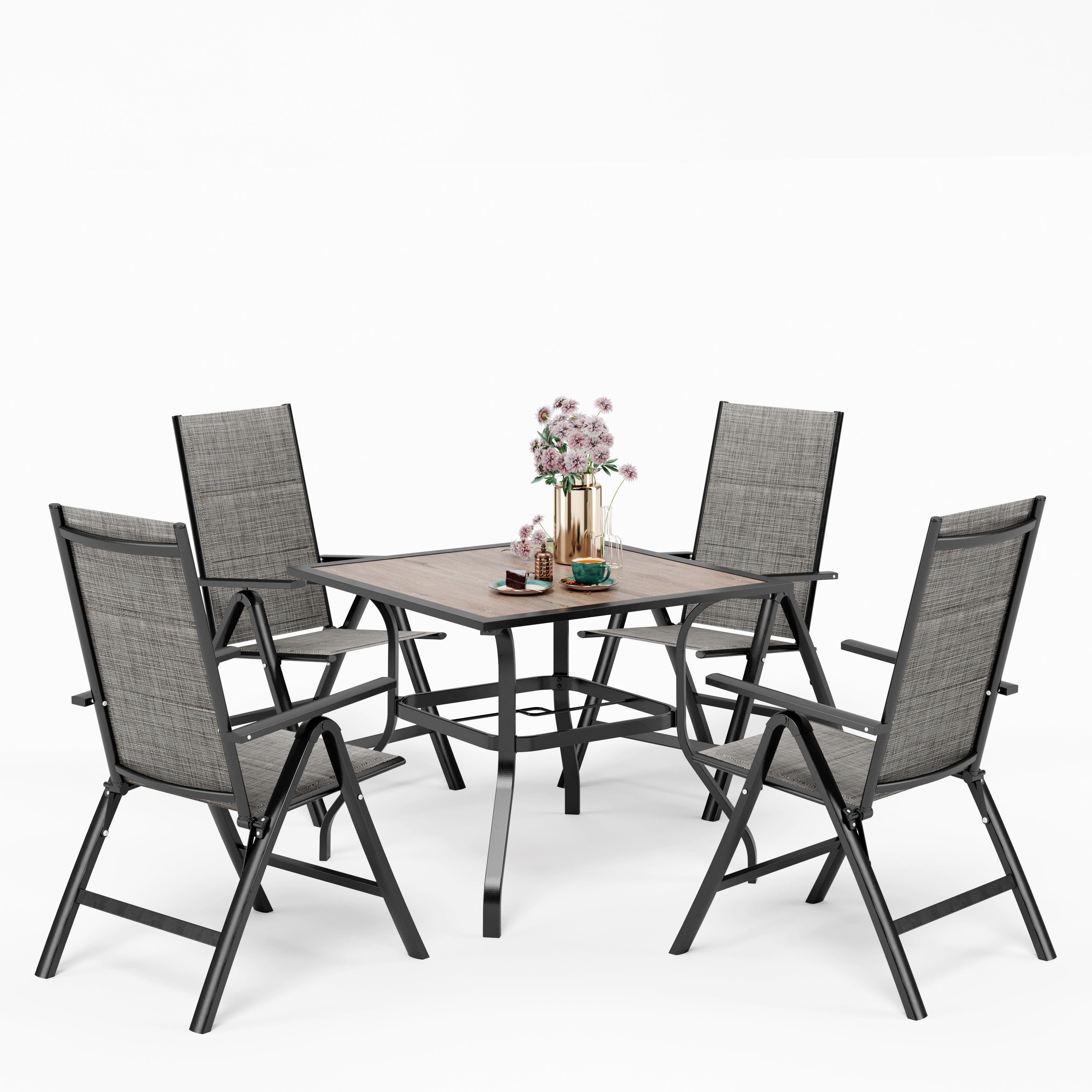 MFSTUDIO 5-Piece Wood-look Square Table & Padded Textilene Foldable Chairs Patio Dining Set