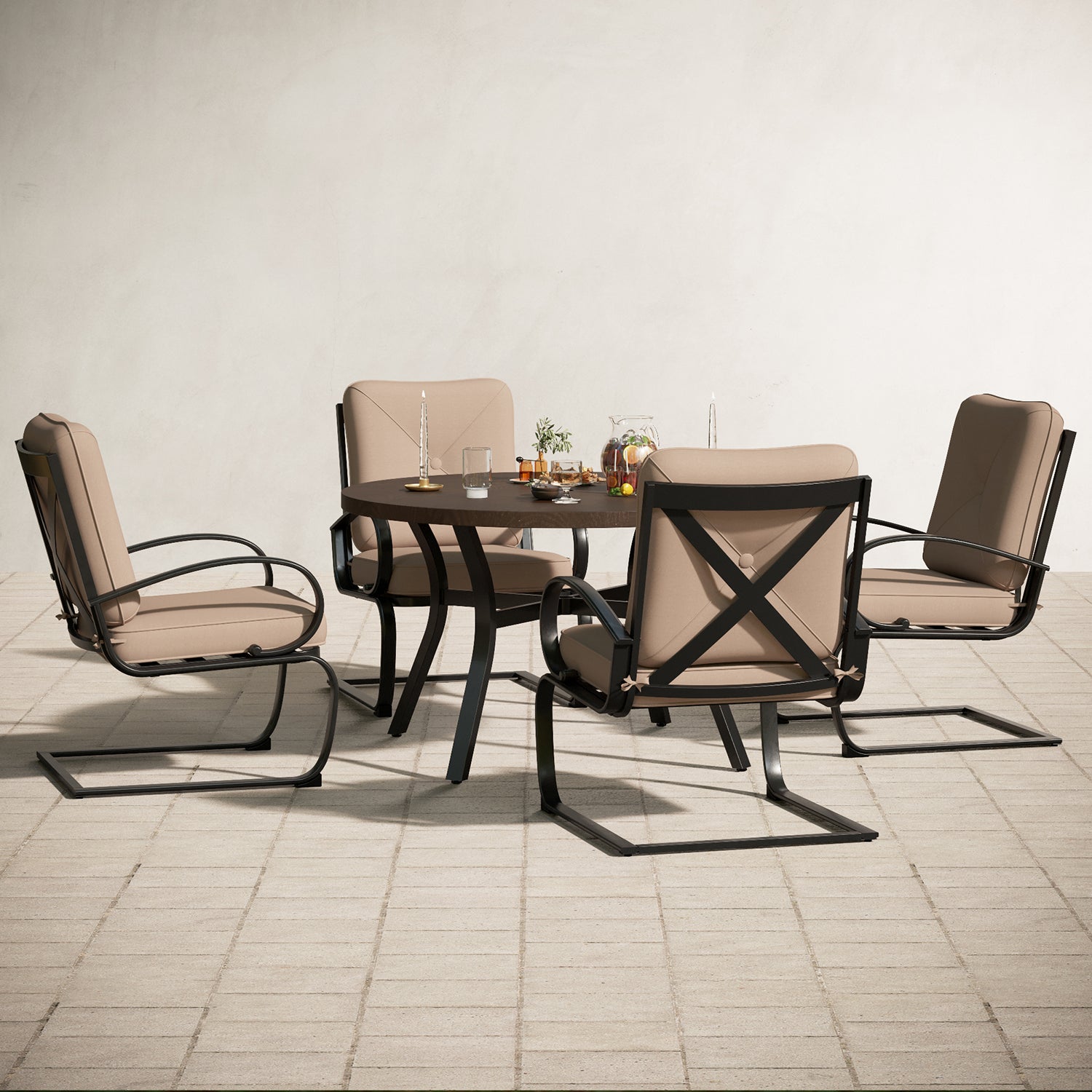 Sophia & William Wood-look Patterned Round Table & C-Spring Cushioned Chairs 5-Piece Outdoor Dining Set