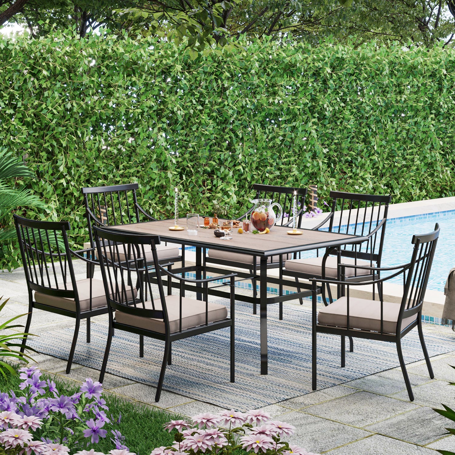 Sophia & William Wood-look Table & 6 Stylish Dining Arm Chairs 7-Piece Patio Outdoor Dining set