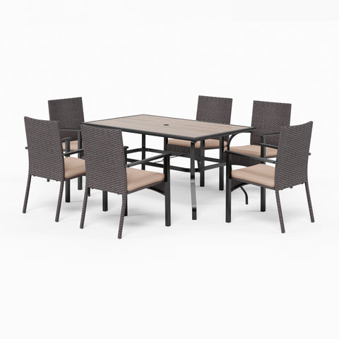 MFSTUDIO 7-Piece Wood-look Table & Rattan Cushion Dining Chairs Outdoor Patio Dining Set