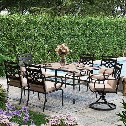 MFSTUDIO 7-Piece Outdoor Dining Set Wood-look Table & Elegant Cast Iron Pattern Dining Chairs