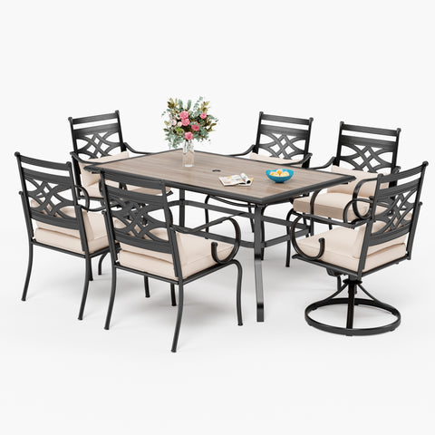 MFSTUDIO 7-Piece Outdoor Dining Set Wood-look Table & Elegant Cast Iron Pattern Dining Chairs