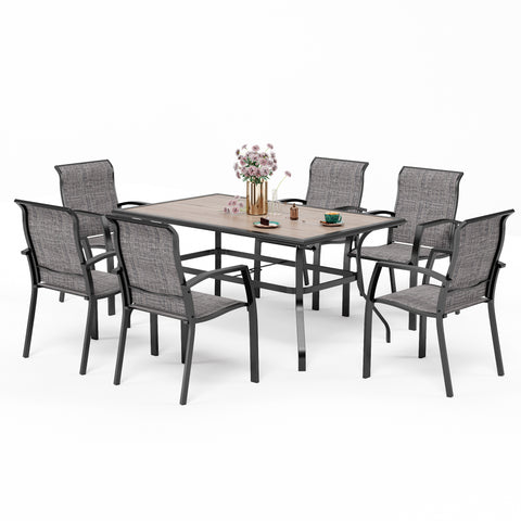 MFSTUDIO 7-Piece Wood-look Rectangle Table & Simple Aluminum Textilene Fixed Chairs Patio Dining Set