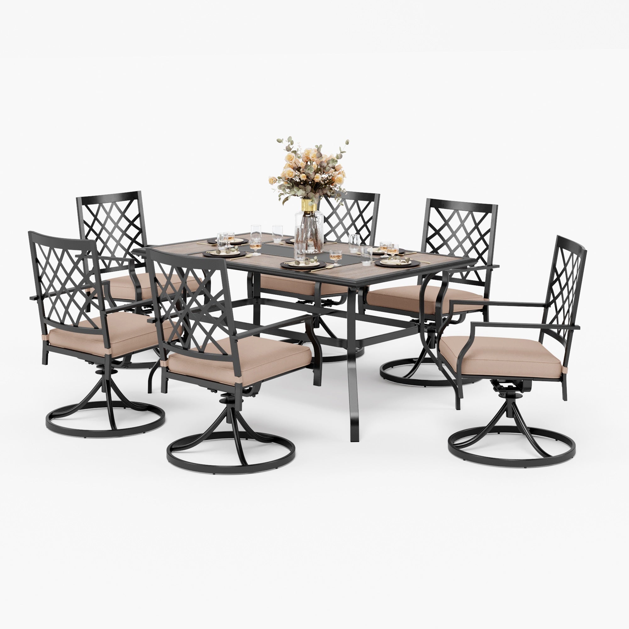 PHI VILLA Geometric Rectangle Table and Swivel Chairs 7-Piece Steel Outdoor Patio Dining Set