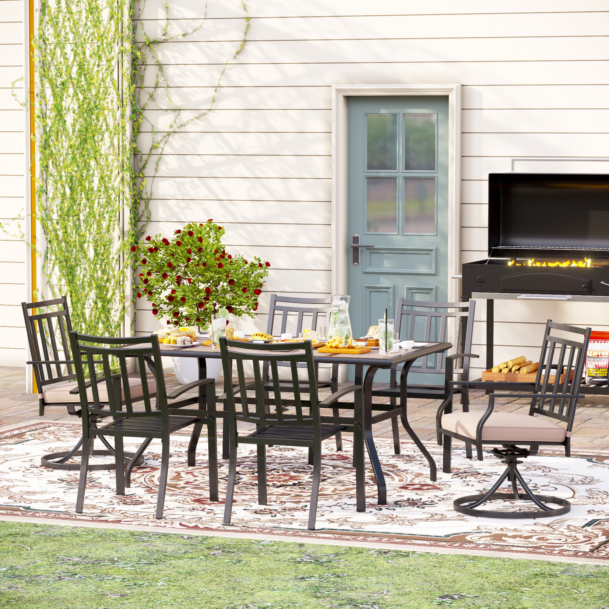 PHI VILLA Geometric Rectangle Table and Swivel Chairs 7-Piece Steel Outdoor Patio Dining Set