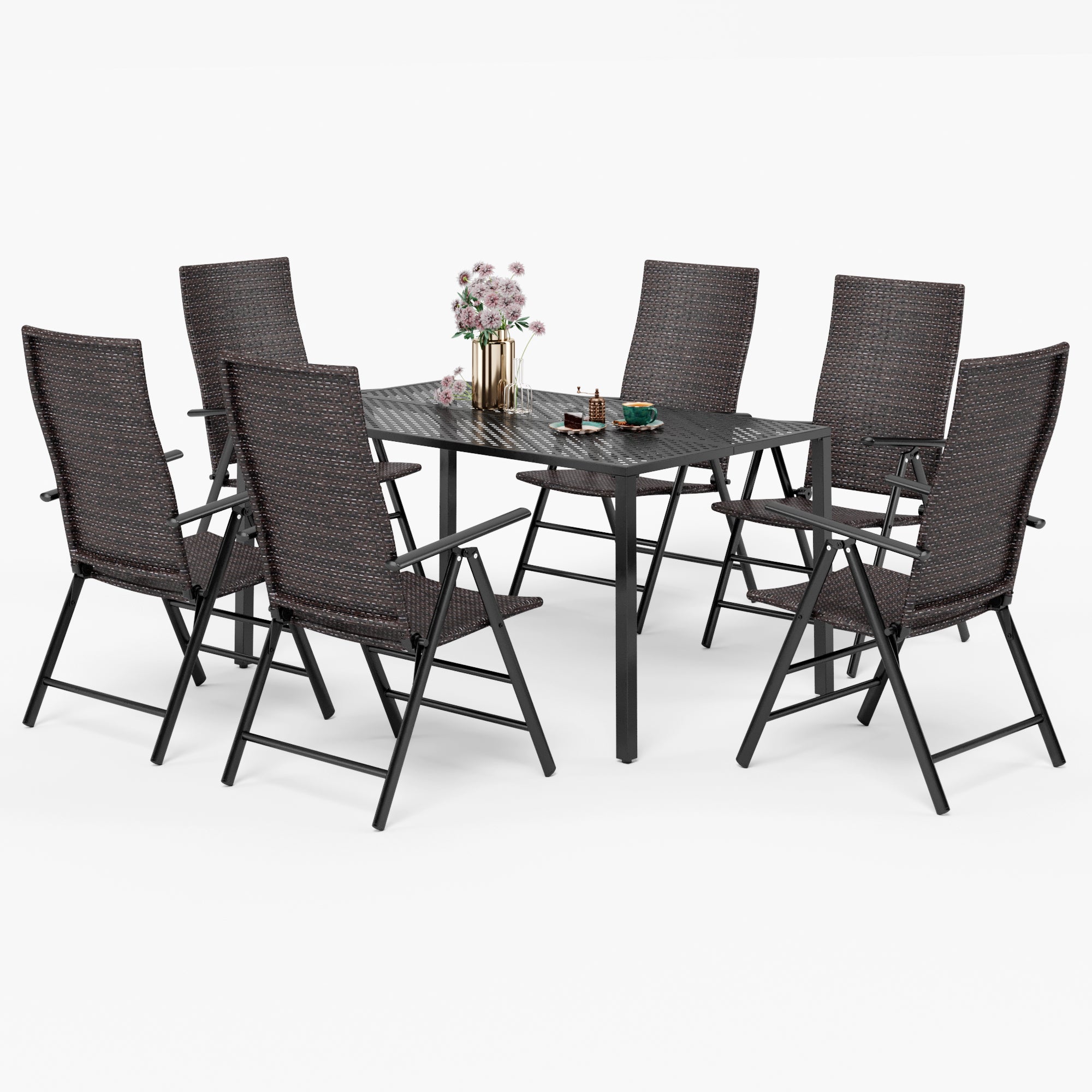 MFSTUDIO 7-Piece Rectangle Mesh Table & Rattan Adjustable Reclining Foldable Chairs Outdoor Dining Set