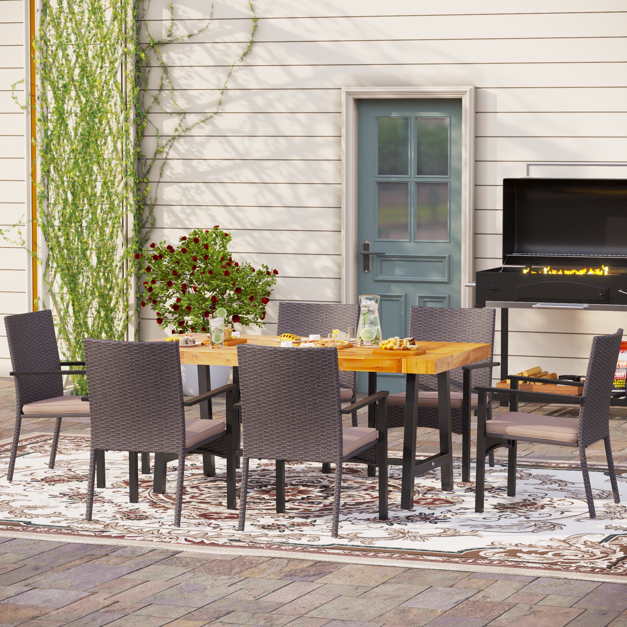 MFSTUDIO 7-Piece Acacia Wood Table & Rattan Cushion Dining Chairs Outdoor Patio Dining Set