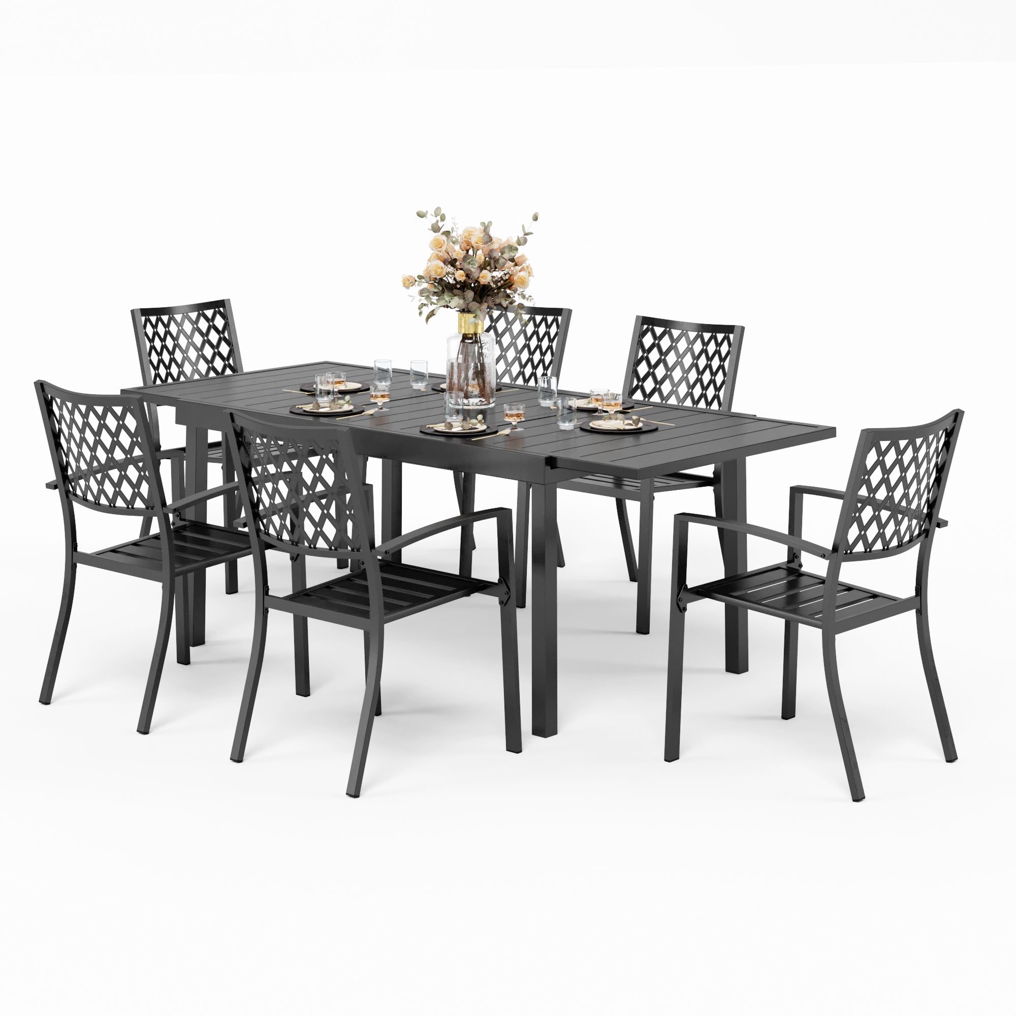 PHI VILLA Adjustable Steel Table and Stackable Chairs Metal Outdoor Patio Dining Sets