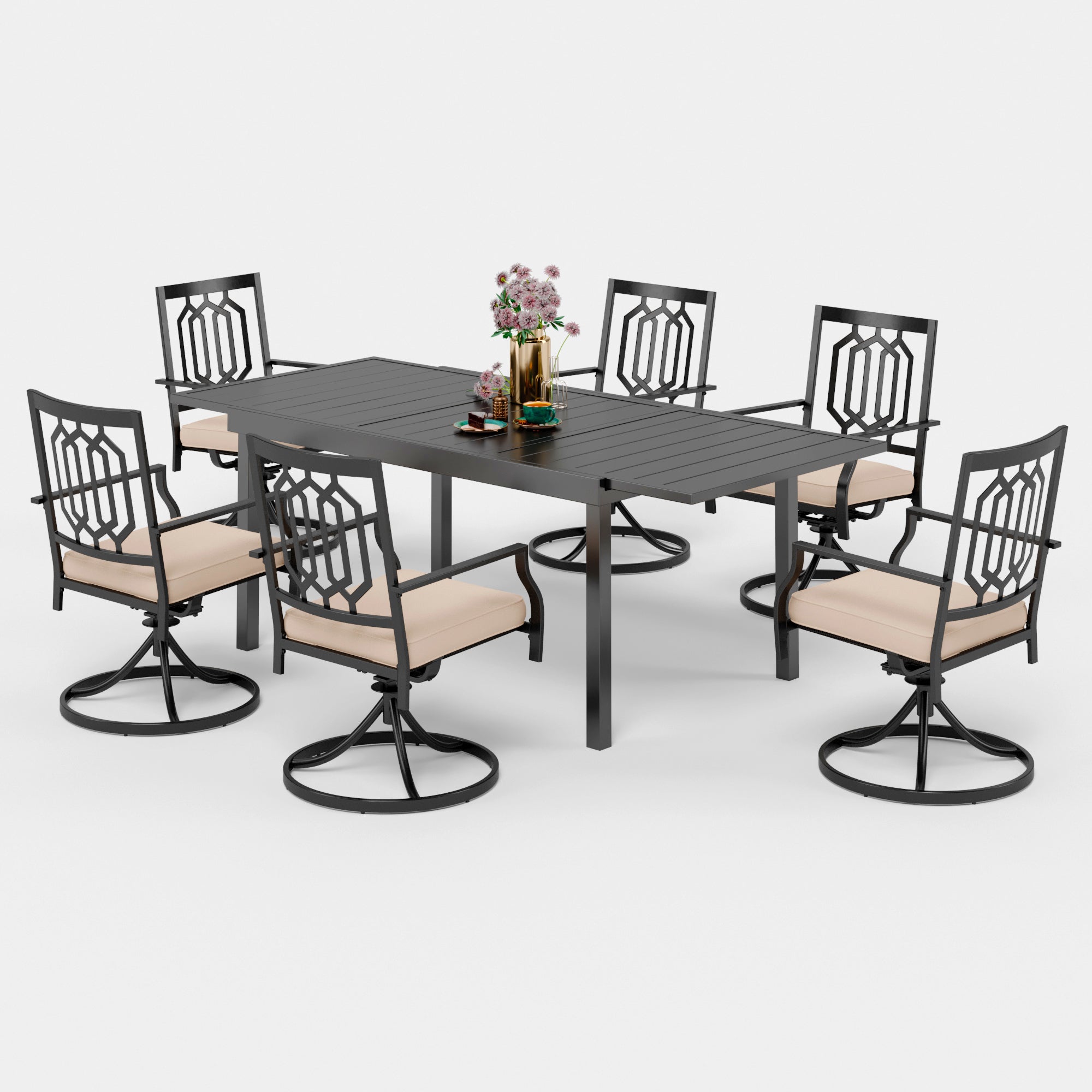 PHI VILLA Adjustable Patio Table and Cushioned Swivel Chairs Large Metal Outdoor Patio Dining Sets