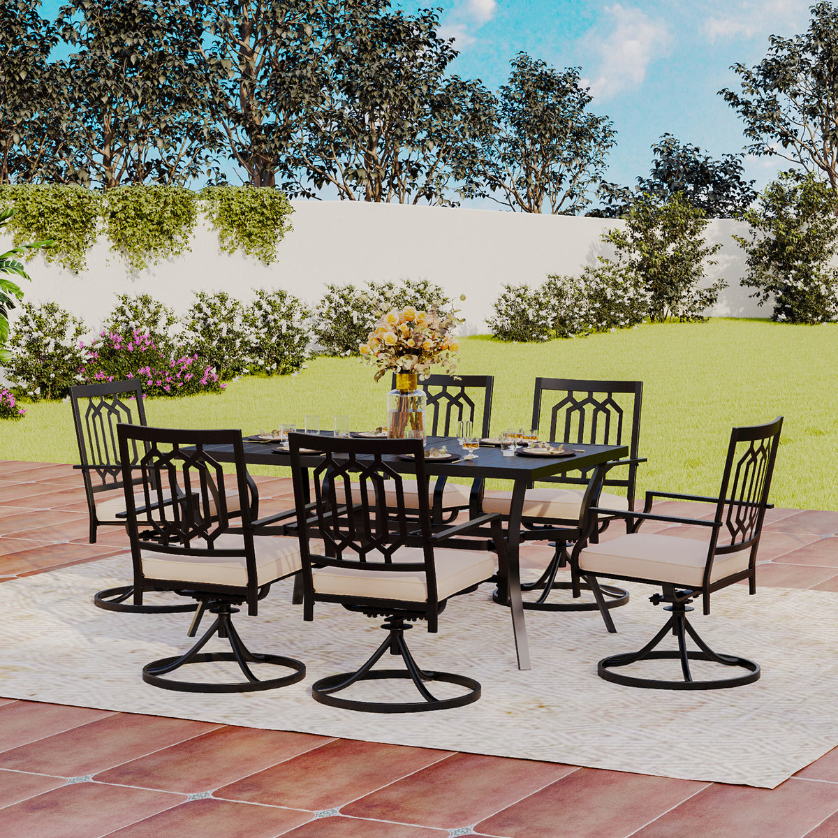 PHI VILLA 7-Piece Steel Panel Table and 6 Swivel Chairs Outdoor Patio Dining Sets