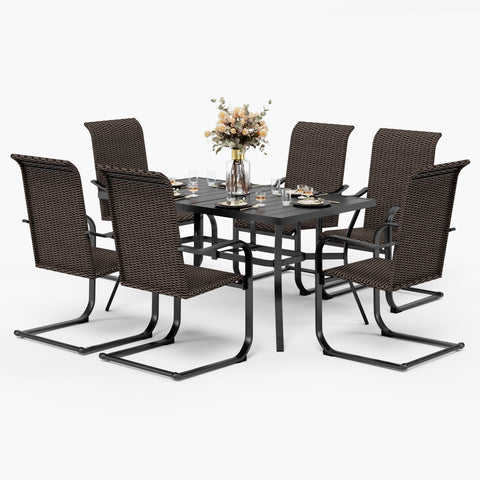 Sophia & William 7-Piece Panel Steel Table & 6 Rattan C-spring Chairs Outdoor Dining Set