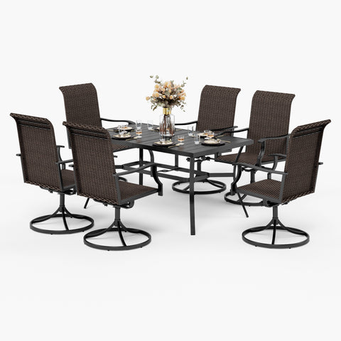 PHI VILLA 7-Piece Patio Dining Set Steel Panel Table & 6 Rattan Swivel Chairs