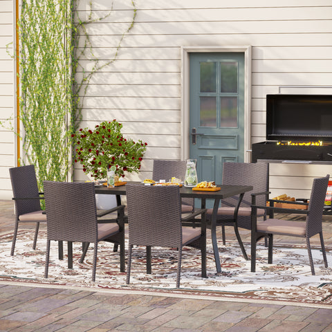MFSTUDIO 7-Piece Steel Panel Table & Rattan Cushion Dining Chairs Outdoor Patio Dining Set